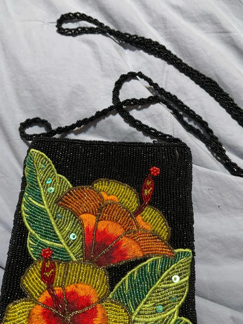 Embroidered Black Beaded Crossbody Bag with Tropical Floral Design